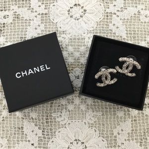 AUTH CHANEL Silver CC Stud Earrings